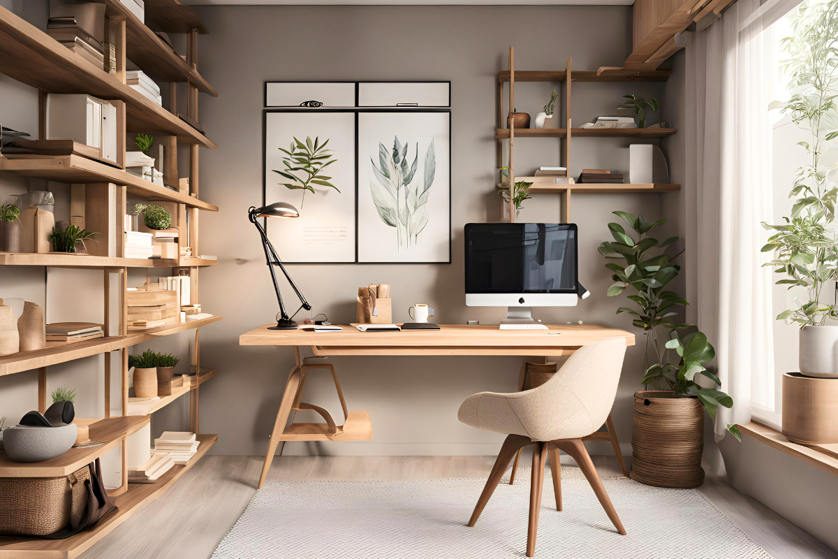 Home office with wood shelving and organized storage designed to keep work essentials accessible without overwhelming the space.