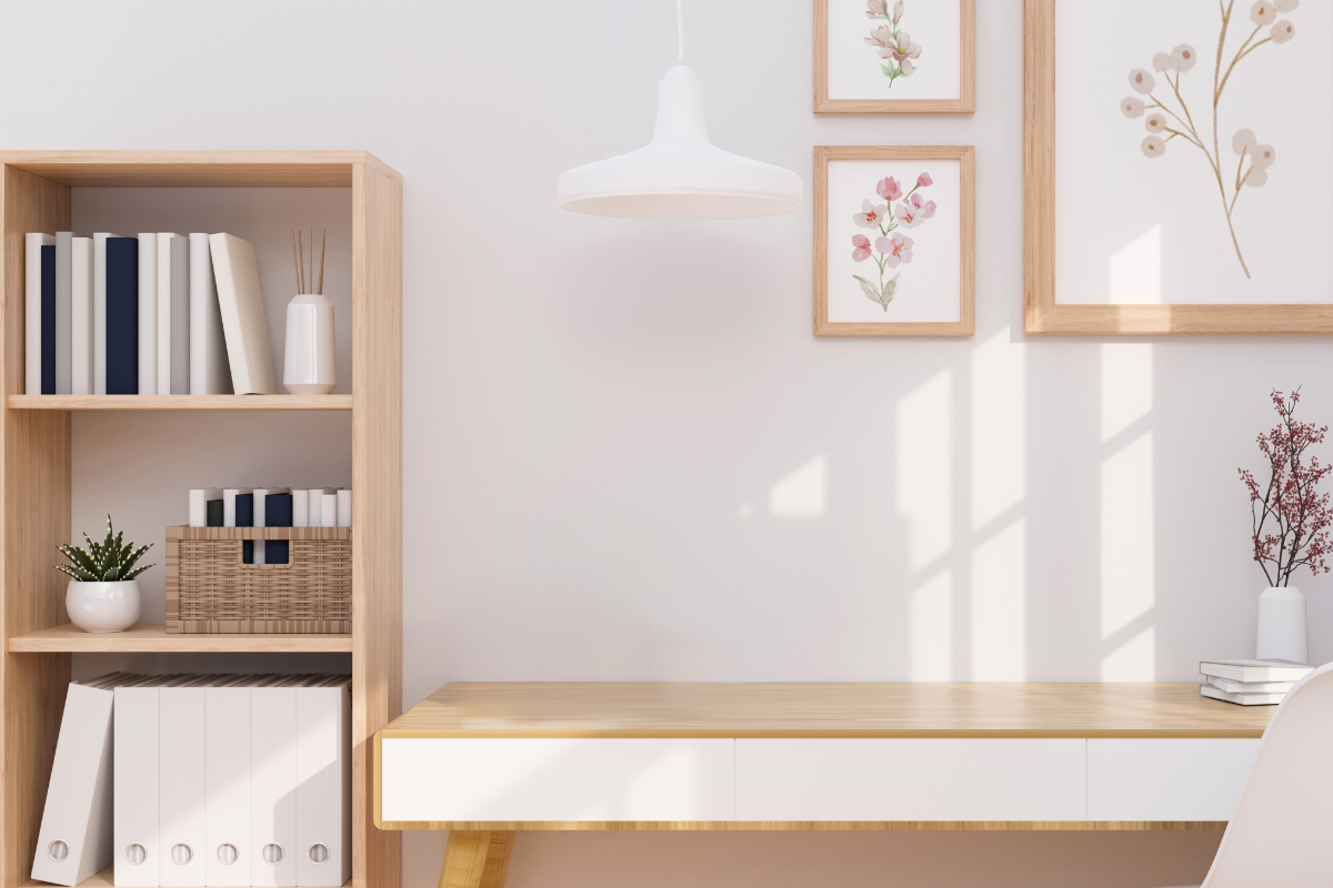 Organized home office with a clear desk and functional storage designed to support focus and everyday work routines.