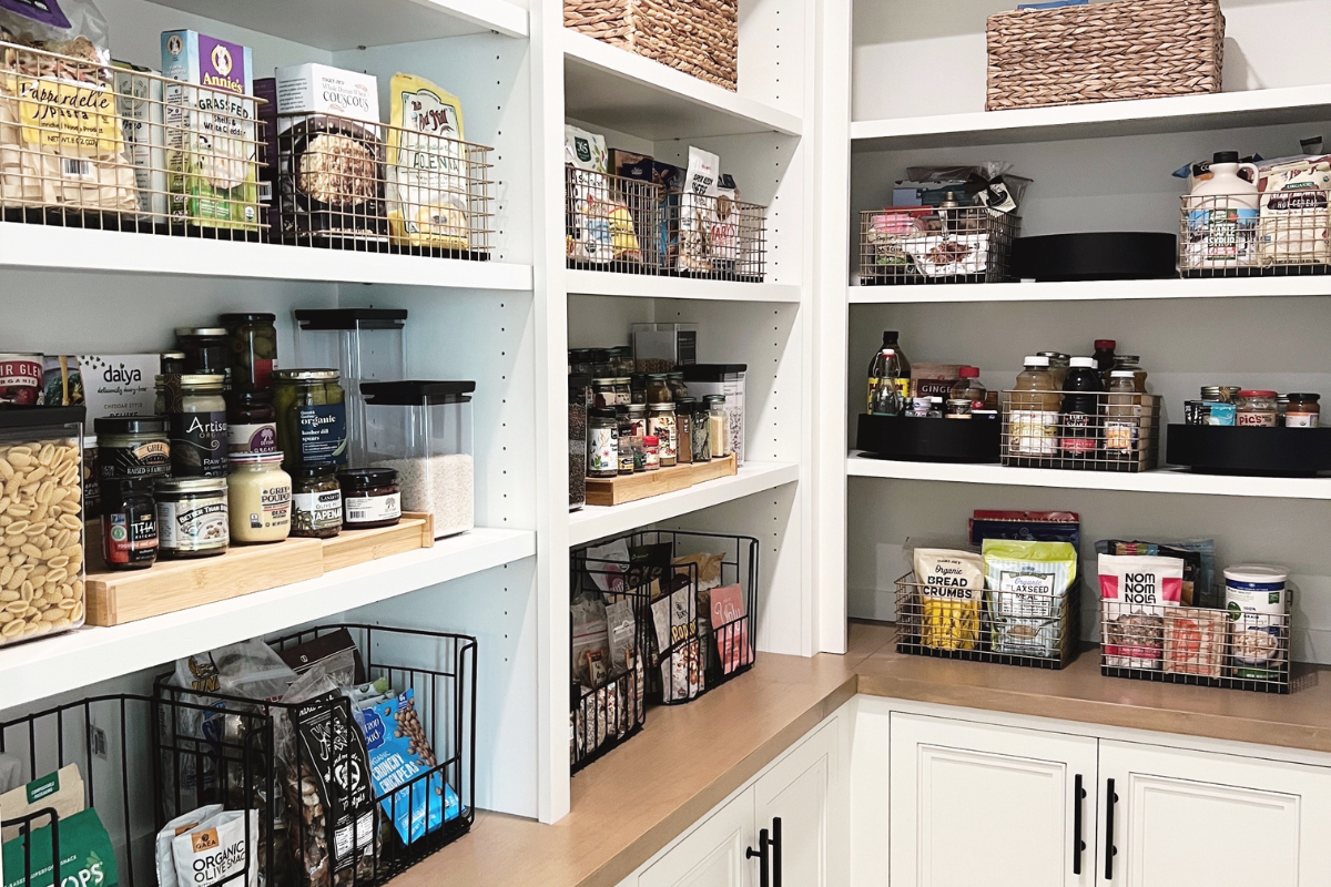 Organized pantry in a Manhattan Beach home with labeled containers and defined zones for everyday food storage.