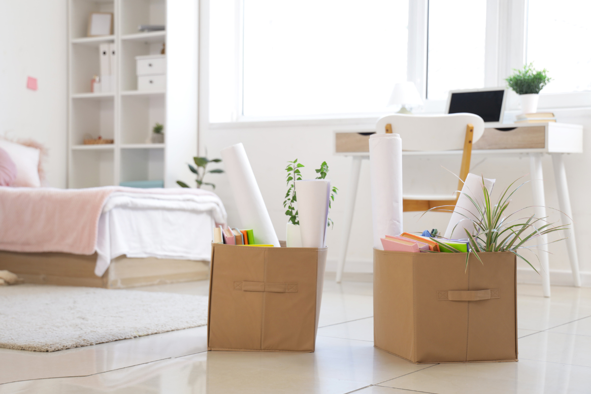 College belongings packed into organized bins and categories for an easier dorm move-in and setup.