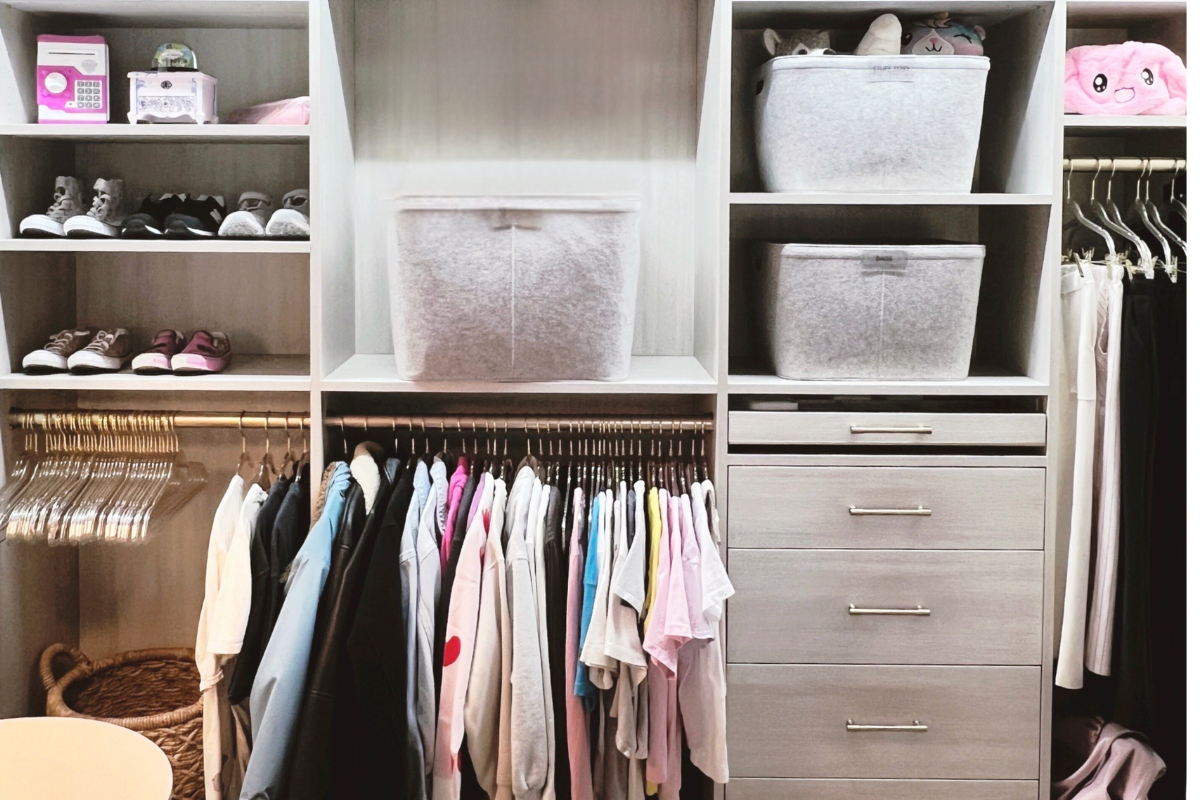 Organized kids’ closet in a Laguna Beach home, set up during move-in to support easy back-to-school routines.