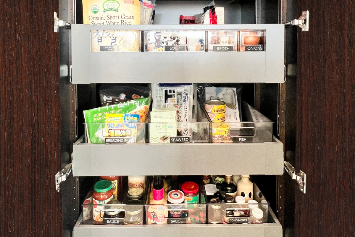 Organized pantry in a Palos Verdes Estates home with clearly defined food zones and easy-to-access everyday essentials.