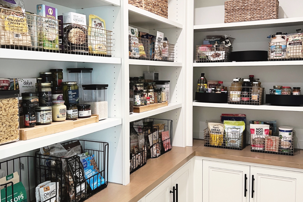 Organized walk-in pantry with clearly defined food zones and easy-to-access everyday essentials.