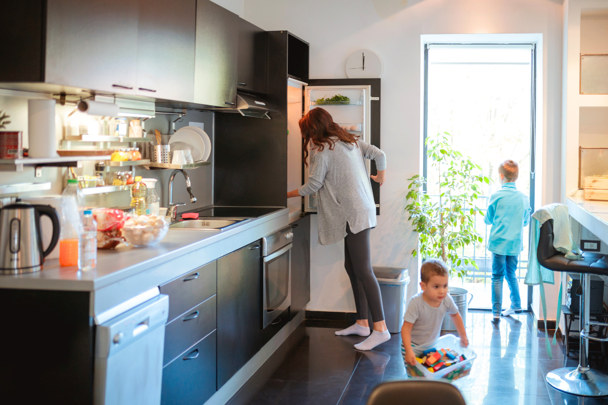 Organized family kitchen designed around everyday routines and easy access to frequently used items.