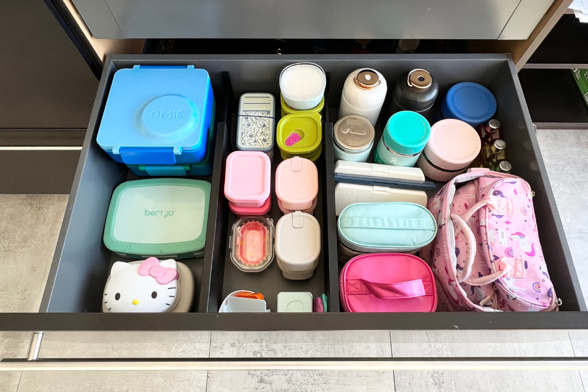 Organized lunch drawer in a Palos Verdes Estates family home, designed to make daily lunch prep easier.