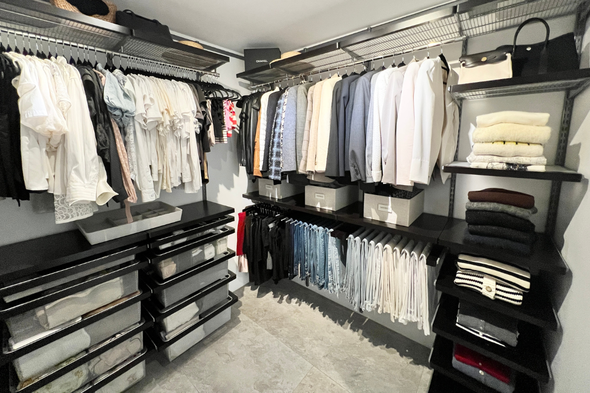 Organized closet in a Palos Verdes Estates family home, set up during move-in to make getting dressed each day easy and intuitive.