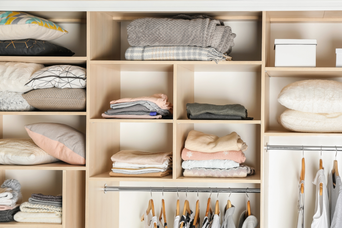 Organized closet prepared before movers arrive during a Los Angeles home transition.