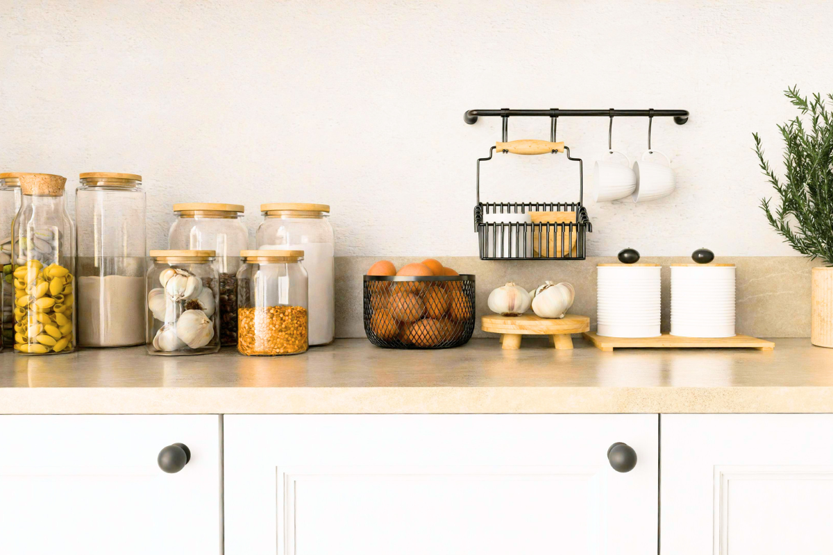 Organized kitchen counter in a family home with everyday items arranged for daily use