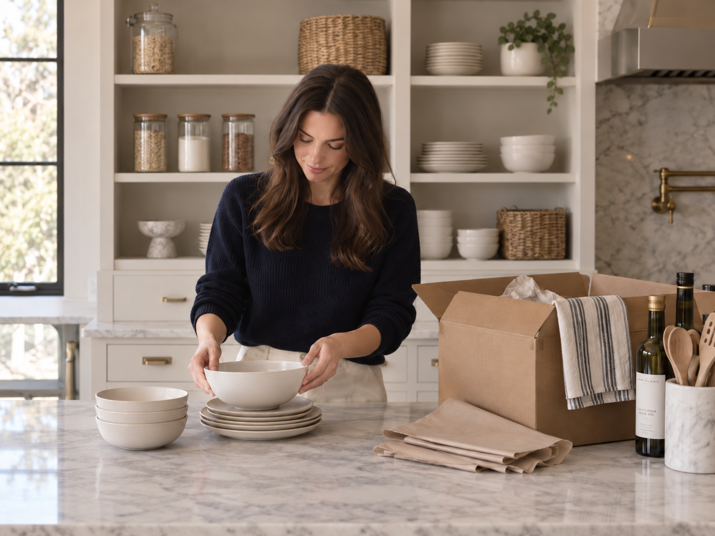 Woman editing kitchen belongings before a move, deciding what will come into the new home.